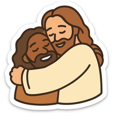 Edit the image of Jesus hugging a person in a basic emoji style with flat colors and simple faces. The image should convey a warm feeling. The background should be transparent. The style should resemble simple emoji art with flat colors and a warm atmosphere. sticker