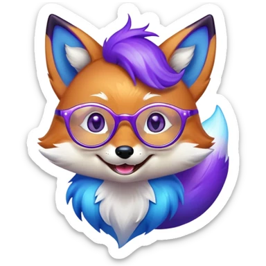 A magical fox with shimmering purple and blue fur, a glowing tail, a silver star on its forehead, and round glasses, laughing so hard that tears are streaming from its eyes sticker