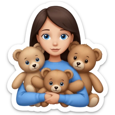 a girl with long dark 
brown hair, with blue eyes, in a
white sweater, hugs 3 different natural coloured sticker