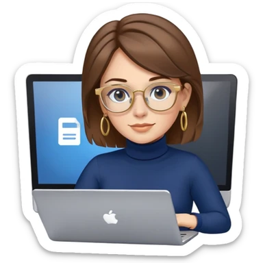 Female programmer with brown hair, navy blue turtleneck, gold hoop earrings, blue computer glasses, using laptop sticker