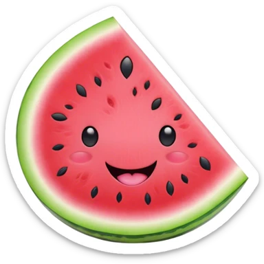 Cute Kawaii Watermelon Slice, juicy and vibrant, soft pastel green rind with pink flesh, tiny black seeds shaped like hearts, an adorable happy face with cute round eyes, bursting with summer energy! sticker