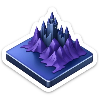 Landmark above the map. Colors: dark purple, dark blue, black, silver. Style: metallic, realistic sticker