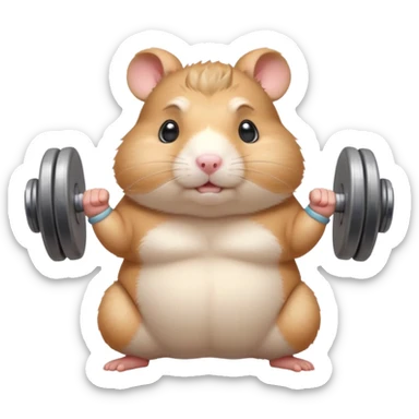 Cute cartoon-style chubby hamster standing upright, wearing a tiny sweatband, lifting oversized dumbbells with determined expression. Soft painterly shading, expressive eyes, white background, sticker-style illustration sticker