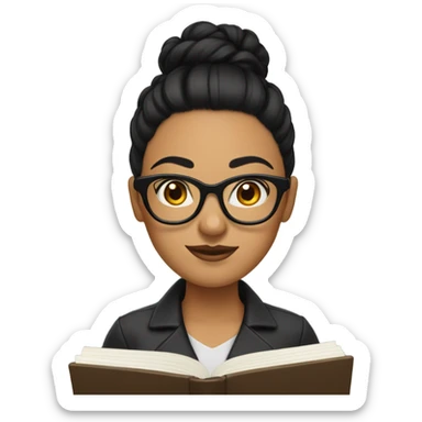 A woman with Black hair with a bun in the top of her head, she has glasses, she is writing a note on her notebook sticker