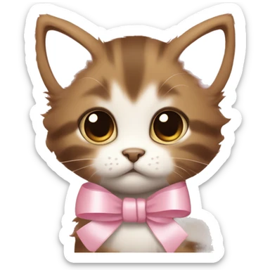 Little brown furry kitten with a light pink thin  ribbon around its neck, really big eyes pouting sticker
