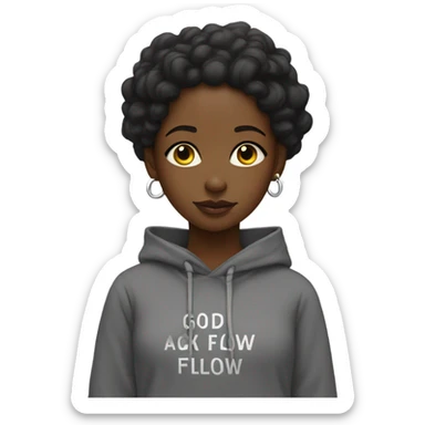 A black girl wearing a hoodie that says Gods Flow sticker