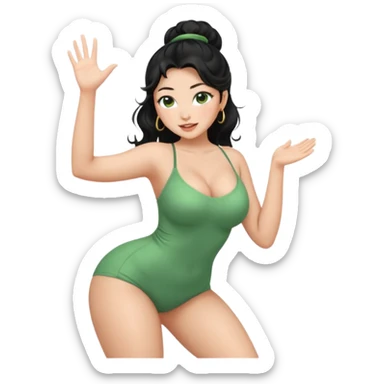 Full body nude very beautiful asian young woman, very beautiful face with freckles, green almond eyes long lashes, wavy black hair in a bun, big boobs, big ass, sexy body, bending over, waving to greet sticker