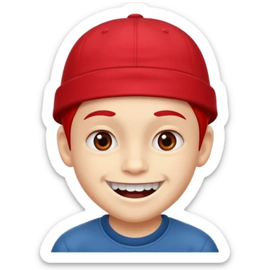 schoolboy with big front teeth, a red cap, and a mischievous smile sticker
