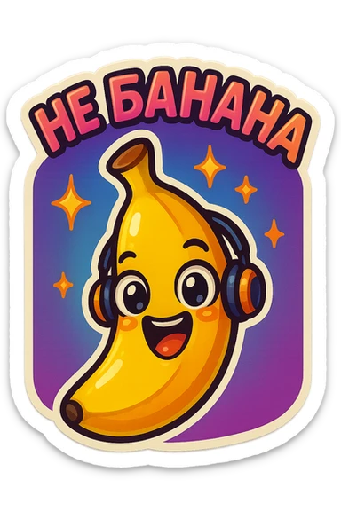 Funny cartoon banana, big happy smiling face, wearing tiny headphones, wide excited eyes, tiny sparkles around, text above: "НЕ БАНАНА ", chibi style, Twitch emoji style, colorful, transparent background sticker