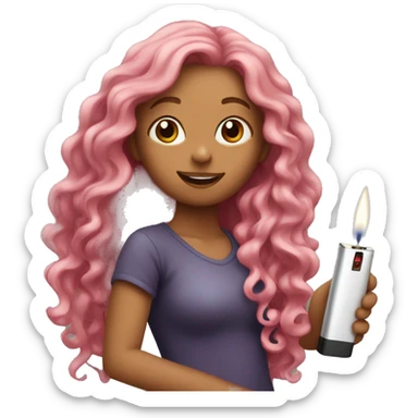 girl with long pink wavy hair holding a lighter sticker