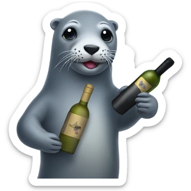 Grey seal holding a bottle of wine sticker