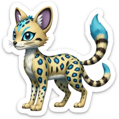 Colorful Meloetta-Sergal-Serval-Civet-Genet-Pokémon-Digimon-Fakémon-fusion-hybrid-creature with Cyan stripes and blue leopard-spot-markings  sticker