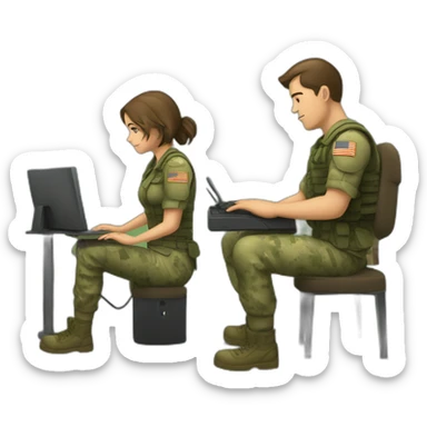 A soldier playing computer game while his non-soldier girlfriend waits for him angrilly sticker