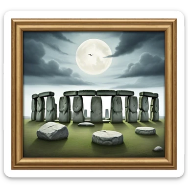 Cinematic Realistic Stonehenge Landscape Emoji, depicted with ancient, mysterious stone circles set against a moody sky, rendered with atmospheric lighting and detailed textures that evoke its prehistoric allure. sticker