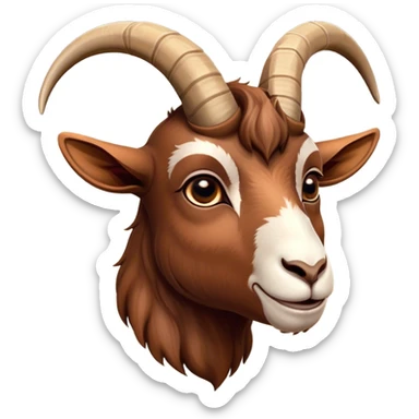 Cinematic Noble Brown Goat Portrait Emoji, Poised and regal, with a sturdy, agile build and a smooth, well-groomed rich brown fur accented by gracefully curved horns, deep-set soulful dark eyes, Simplified yet sharp and sophisticated features, highly detailed, glowing with a warm, dignified glow, high shine, intelligent and spirited, stylized with an air of rustic elegance, focused and attentive, soft glowing outline, capturing the essence of a watchful and confident goat, so majestic it feels as though it could leap out of the screen with effortless authority! sticker