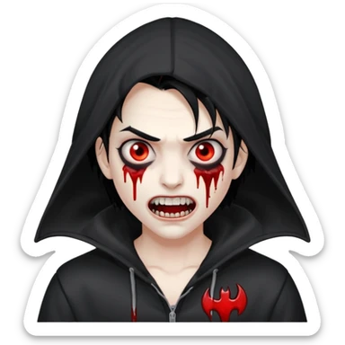 Vampire with gray white skin and full white eyes and bloody fangs and a black hoodie and scary face and black hair  sticker