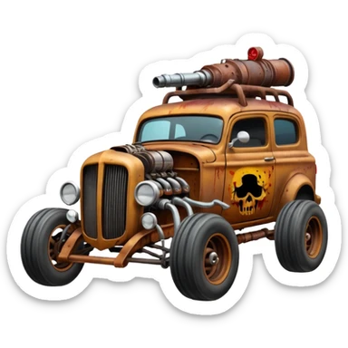 A mad max style hot rod in a zombie apocalypse, driving to the left. In the style of your bleeding skull art sticker