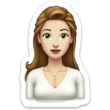 woman, with chestnut brown hair, her hair are a 90s blowout, she has very green eyes and a white pale skin, she has pink lipstick on and long lashes, she wears a white top with gold earrings  sticker