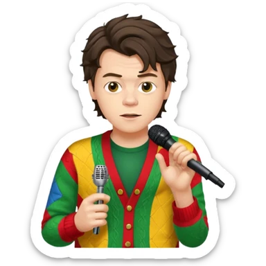 harry styles with a mic, he is wearing a patchwork colorful (red, yellow,green) cardigan sticker