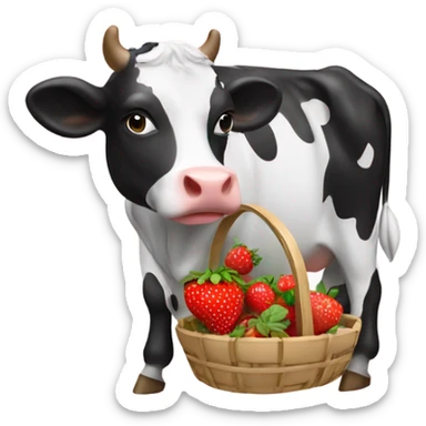 Black and white cow with a strawberry basket sticker
