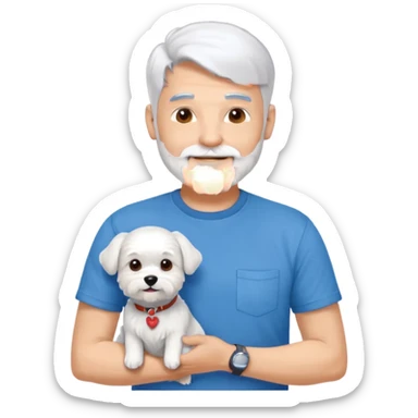 handsome gentleman, 60 years old, silver hair in crew cut style, full beard, wearing a blue t-shirt, smiling and holding a maltese dog sticker