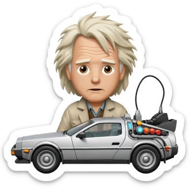 Doc Brown from Back to the Future, driving the DeLorean, windblown hair, determined look sticker