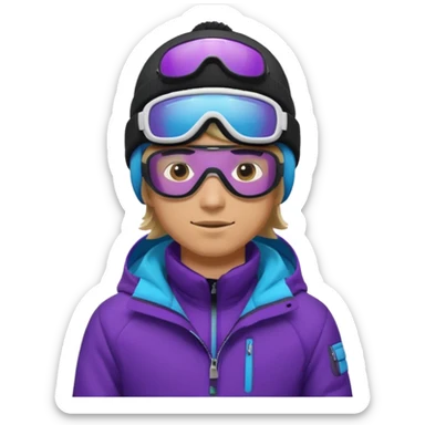 male Pro Snowboarder with white beanie, ONE pair of purple and blue frameless goggles and a black jacket sticker