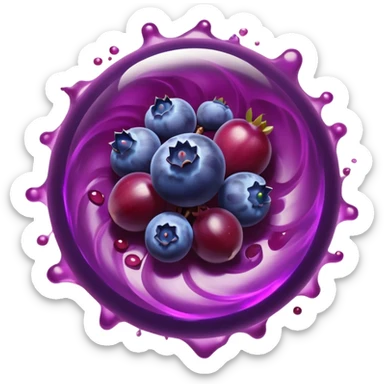 Blueberries, pomegranate, purple grapes, and dark chocolate floating in a bright purple vortex. A glowing shield surrounds cells, dissolving dark shadow particles representing free radicals. The protective light extends throughout the body, showing antioxidants' protective effects. sticker