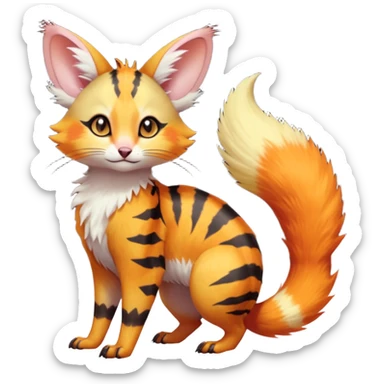 Neon-orange-yellow-red-brown-gradients divine beautiful elegant pretty precious cute young youthful  Fakémon-Pokémon-alien-opossum-feline-serval-caracal-chinchilla-Minccino-hybrid-creature with a big fluffy bushy striped tail (full body) sticker