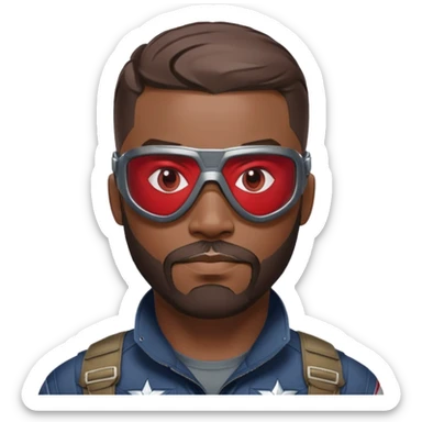 sam wilson with a very short hair close to the scalp and  a well-groomed beard that connects to his mustache,  wear sleek, red-tinted tactical goggles fit snugly from captain america: civil war sticker