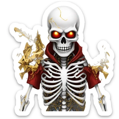 White skeleton zombie person covered in golden chains and black graffiti scribbles and red and silver doodles wings made of lightning snowing snowflakes sticker
