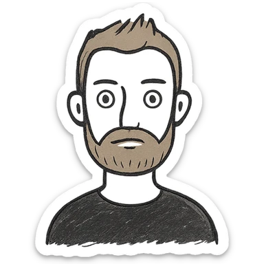 man with short light brown hair styled upward, beard and mustache, fair skin, large blue eyes, neutral facial expression, wearing black shirt, clean illustrative style sticker