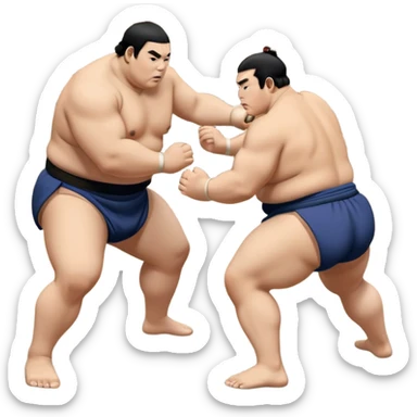 Two sumo wrestlers in a classic dohyo ring, each displaying powerful stances and ready to engage in a fierce match. One wrestler attempts a pushing attack, while the other counters with a thrust. The background shows the traditional sumo arena and spectators. Transparent background. sticker
