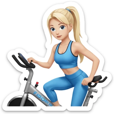 White girl blue eyes blonde hair in long pony tail instructing spin class in sports bra and leggings  sticker