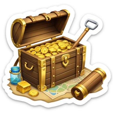 An icon showcasing a treasure chest filled with gold, a treasure map rolled up beside it, a backpack and shovel ready for the next adventure. The design captures the essence of treasure hunting, exploration, and excitement, set on a transparent background to emphasize the thrill of discovery. sticker