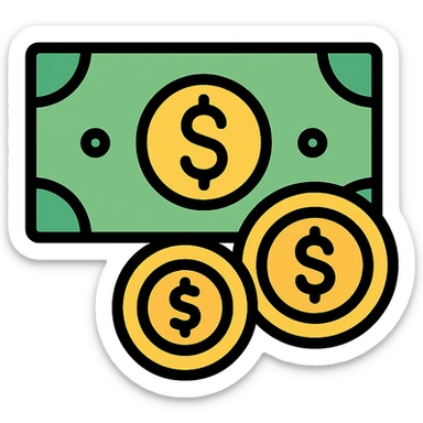 money, cash, dollar bills, coins, wealth in color outline icon style sticker