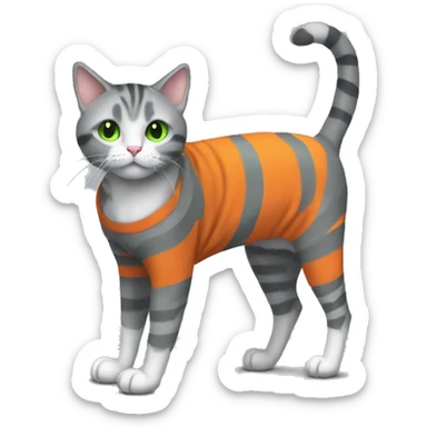A striped grey cat with green eyes with orange sweater in full growth sticker