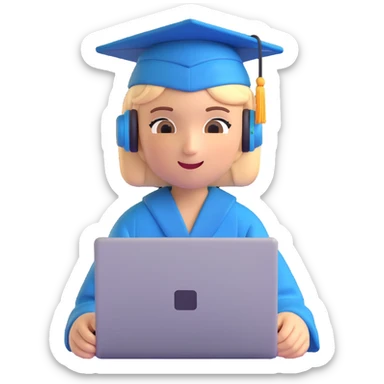 memoji of a college student, sitting with a laptop, relaxed, wearing headphones and a graduation cap sticker