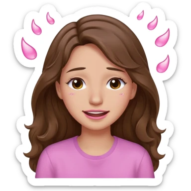 girl with wavy long brown hair, brown eyes, light to medium complexion, long lashes, light pink lipstick, wearing light pink shirt, smiling, crying with big pink tears coming down the face sticker