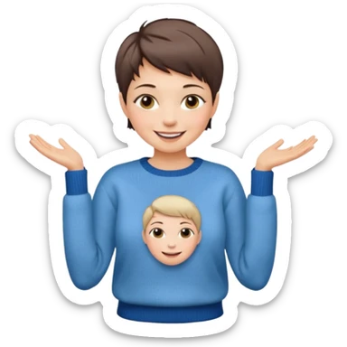 woman sitting chair short pixie hair jeans sweater smile  sticker