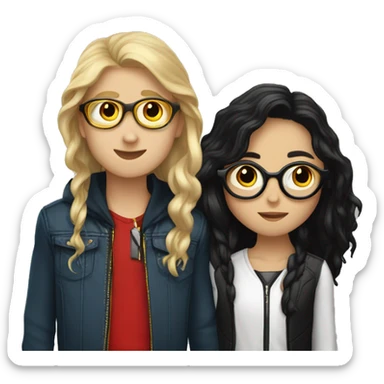 white girl with black and red-tainted long hair and circular golden glasses kissing white boy without glasses and with mi-long slick black hair wearing costume jacket sticker