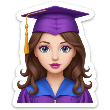 girl with gorgeous curled long brown hair, blue eyes, long lashes makeup, sexy pink lips, wearing a purple graduation cap and gown sticker