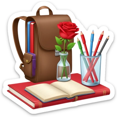 crear una  pizarra grande con libros a un lado, cuadernos, lapices, creyones, un vaso de cristal con rosas rojas, morral, lapto, estilo vector sticker