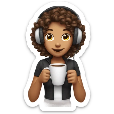 Tanned girl with curly hair with gaming headset and coffee sticker
