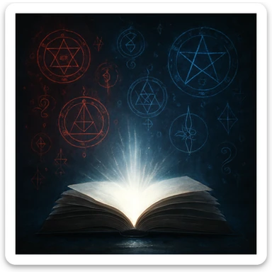 open book with white light coming out of the pages, surrounded by symbols in red and dark blue, dramatic style sticker