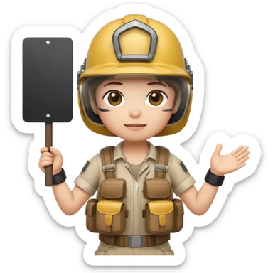 Create a cute emoji-style PUBG Mobile character, chibi version with helmet and backpack, standing in victory pose, holding a blank white sign or paper sheet in both hands in front of chest, ready for text, clean white background, simple emoji design” sticker