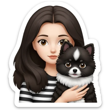 an brunette hair girl holding her black and white pomeranian dog that has white middle part in the face kinda looks like a panda sticker