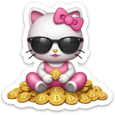 Hello Kitty wearing sunglasses, sitting on a pile of cryptocurrency coins, cute emoji style sticker