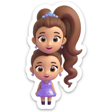 Ariana Grande 3D emoji style with high ponytail, big eyes, smiling, wearing a sparkly dress sticker