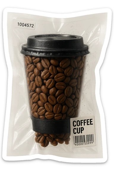 Add coffee beans inside the vacuum-sealed coffee cup with a lid, keep the vacuum-sealed style, transparent background. sticker